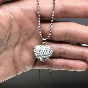 Sterling Silver Puffed Crystal Heart Necklace 925